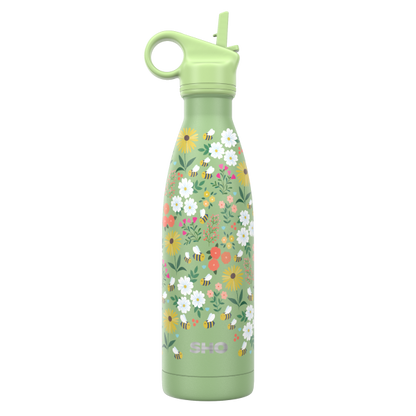 SHO insulated 500ml reusable bottle with straw lid in ditsy bees colour (green bottle with colourful flowers and bees)