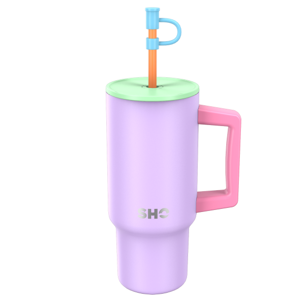 SHO reusable insulated large tumbler in neon nostalgia (purple body, pink handle, green lid and orange straw)