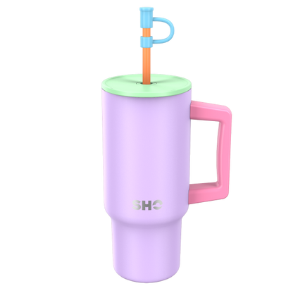 SHO reusable insulated large tumbler in neon nostalgia (purple body, pink handle, green lid and orange straw)