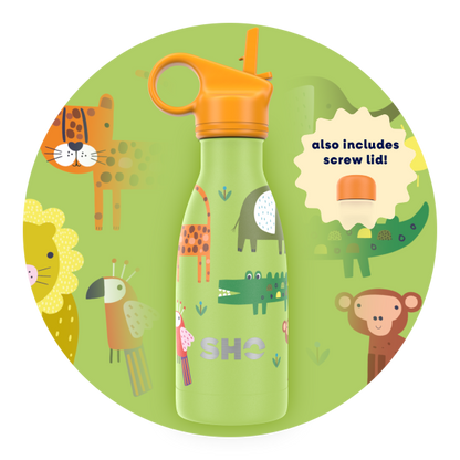 Kid's insulated bottle from SHO in Deep in the Jungle design (lime background with colourful jungle images, orange straw lid and orange screw lid)