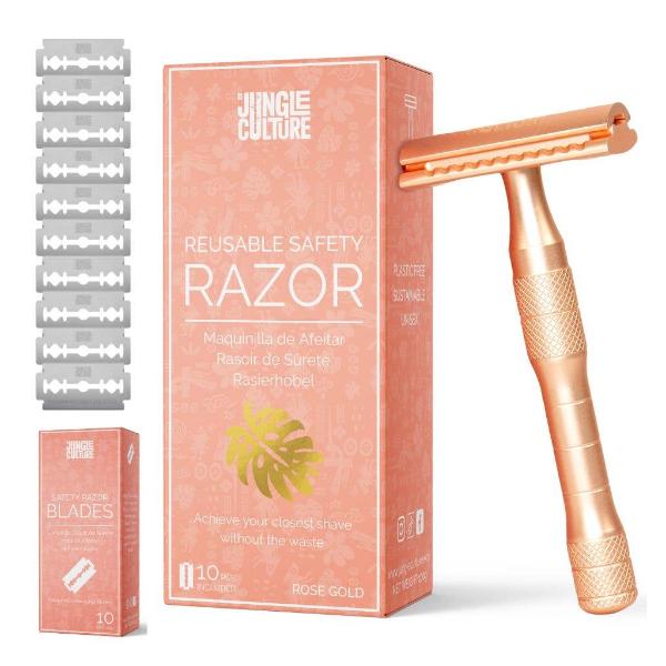 Reusable safety razor set with rose gold handle and packaging on a white background with 10 replacement blades