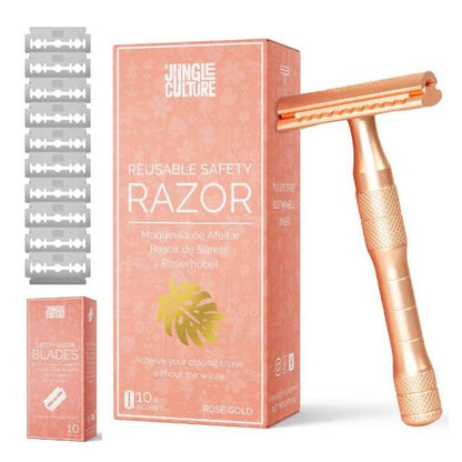 Reusable safety razor set with rose gold handle and packaging on a white background with 10 replacement blades
