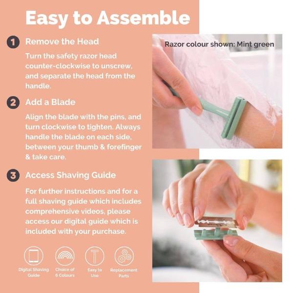 Instructional graphic showing how to assemble a safety razor, with text steps on the left and two photos of hands demonstrating removal of the head and installation of a blade on the right.