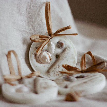 Scented home decoration in 'beach and coastal' scent, wax melts with shells and driftwood embedded in the wax, with a raffia hanging loop
