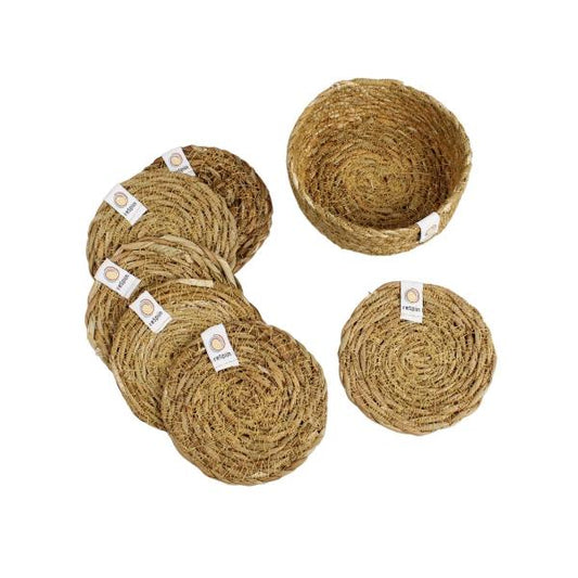 Set of 6 natural seagrass coasters with a holder, laid on a white background
