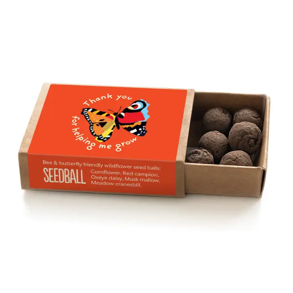 A Seedball wildflower seedball set in a cardboard matchbox-style container with a red lid. The lid features a colourful butterfly illustration and the text 'Thank you for helping me grow'.