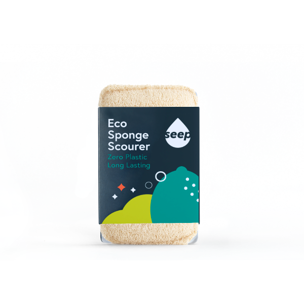 Eco Sponge Scourer with paper packaging, with 'Seep' brand, on a white background