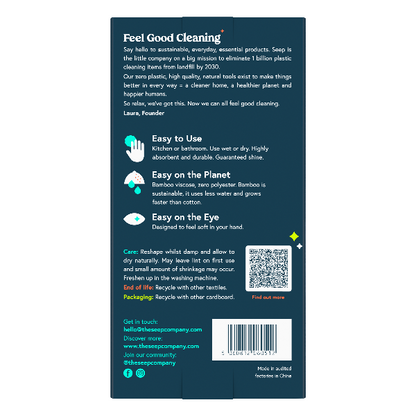 All-purpose bamboo cloth by Seep with cardboard packaging, showing back of pack with heading "Feel good cleaning"