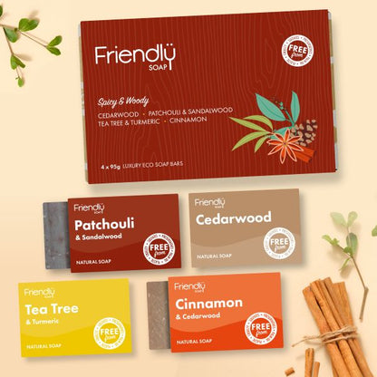 Friendly Soap selection box Spicy and woody shown with 4 soaps alongside shown in their individual boxes