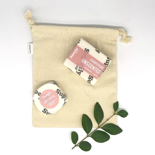 Superfly Soap shampoo and conditioner gift set in reusable cotton produce bag in unscented