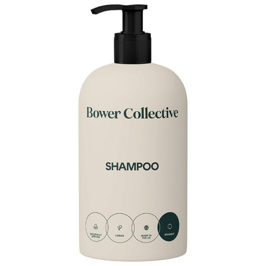 Bower Collective shampoo reusable dispenser with black pump on a white background
