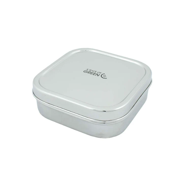 Stainless steel sandwich lunchbox shown closed with 'A Slice of Green' on lid and sitting on a white background.