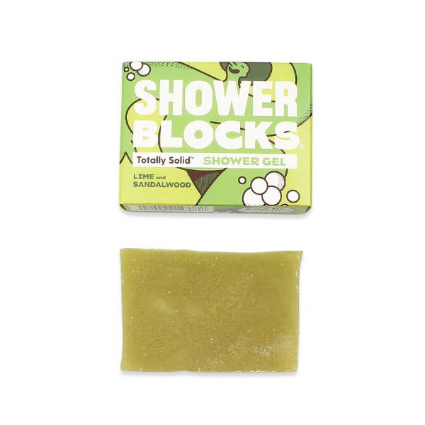 Totally solid shower gel bar in lime and sandalwood, shown alongside green cardboard packaging