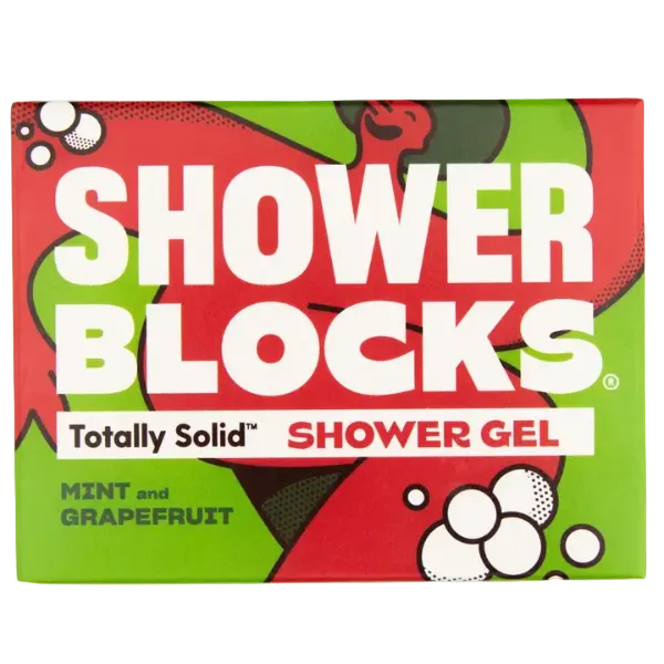 Totally solid shower gel bar in mint and grapefruit, shown in red and green cardboard packaging
