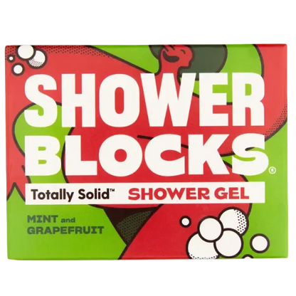 Totally solid shower gel bar in mint and grapefruit, shown in red and green cardboard packaging