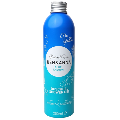 Ben and Anna shower gel in blue shaded aluminium bottle (Blue lagoon)