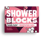 Totally solid shower gel bar in black cherry, shown in red cardboard packaging