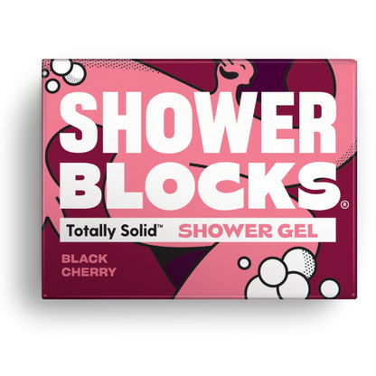 Totally solid shower gel bar in black cherry, shown in red cardboard packaging