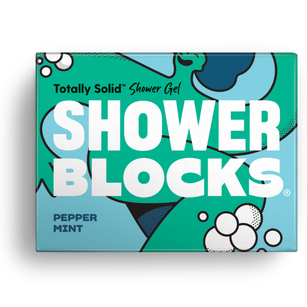 Totally solid shower gel bar in peppermint, shown in blue and green cardboard packaging