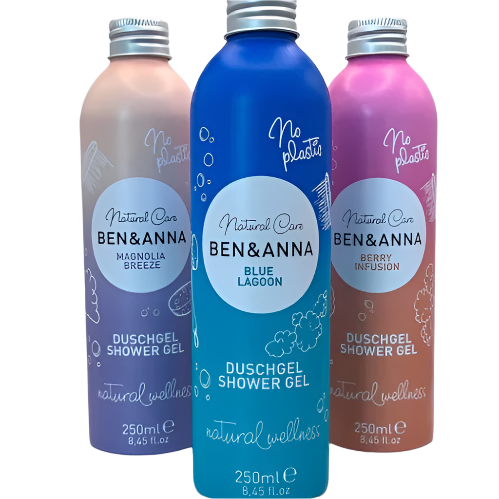 Ben and Anna shower gels in colourful aluminium bottles