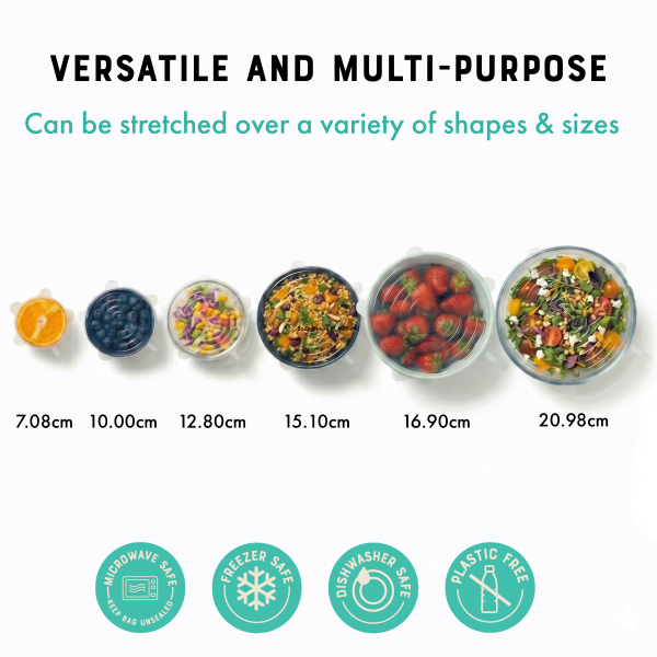 Versatile multi-purpose stretch lids shown in a size progression from small sliced fruit to large bowls filled with various foods like fruit and salad. The image includes text explaining that they can be stretched over various shapes and sizes, along with size measurements in centimetres and four green icons indicating microwave safe, freezer safe, dishwasher safe, and plastic free.