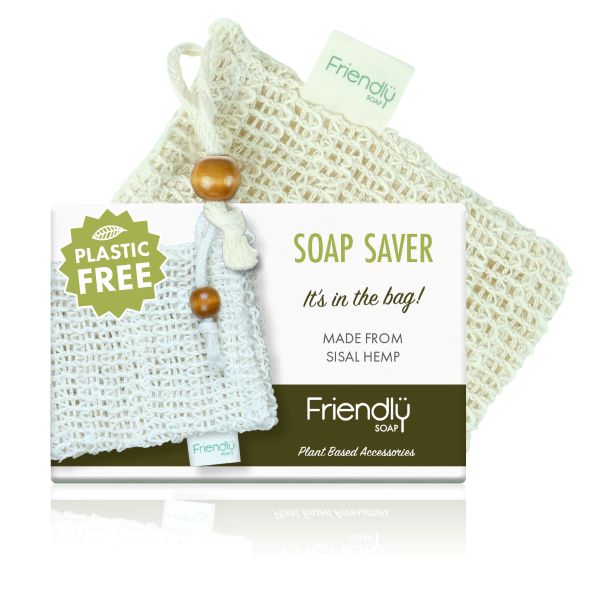 Friendly Soap soap saver bag shown alongside cardboard box packaging