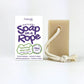 Friendly Soap soap on a rope in soothing aloe vera shown alongside cardboard box