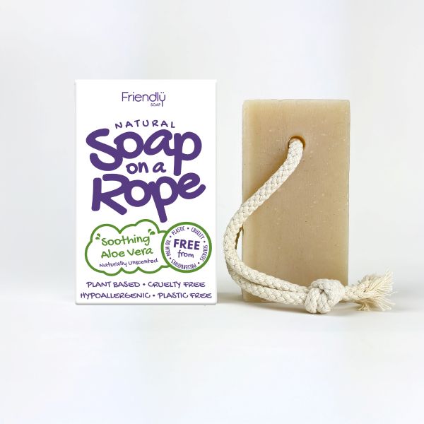 Friendly Soap soap on a rope in soothing aloe vera shown alongside cardboard box