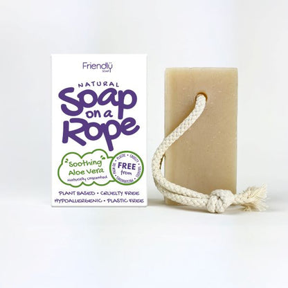 Friendly Soap soap on a rope in soothing aloe vera shown alongside cardboard box