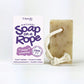Friendly Soap soap on a rope in classic lavender shown alongside cardboard box