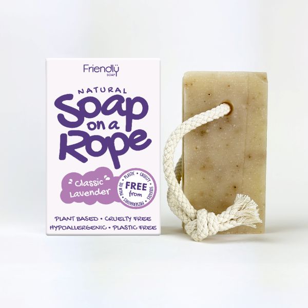 Friendly Soap soap on a rope in classic lavender shown alongside cardboard box