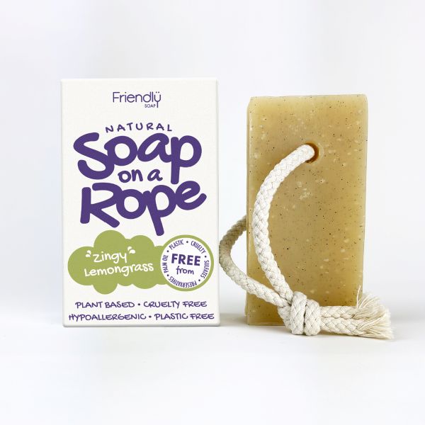 Friendly Soap soap on a rope in zingy lemongrass shown alongside cardboard box