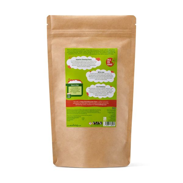 Soapy Suds dishwasher powder in kraft paper recyclable packaging in Apple fragrance, showing back label