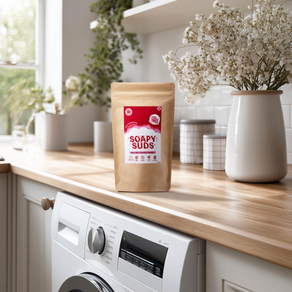 Kraft paper packaging of Soapy Suds laundry powder in Rose and Geranium on a kitchen countertop above washing machine