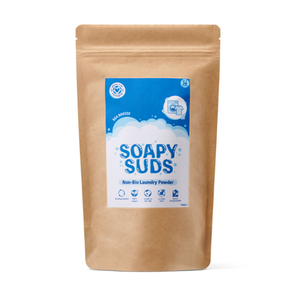 Kraft paper packaging of Soapy Suds laundry powder in Sea breeze with a blue label on a white background