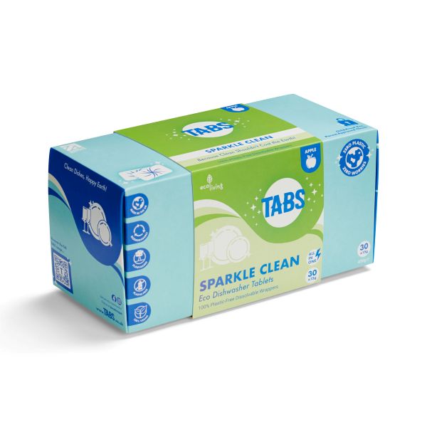 Box of Tabs Sparkle Clean eco dishwasher tablets in apple fragrance on a white background