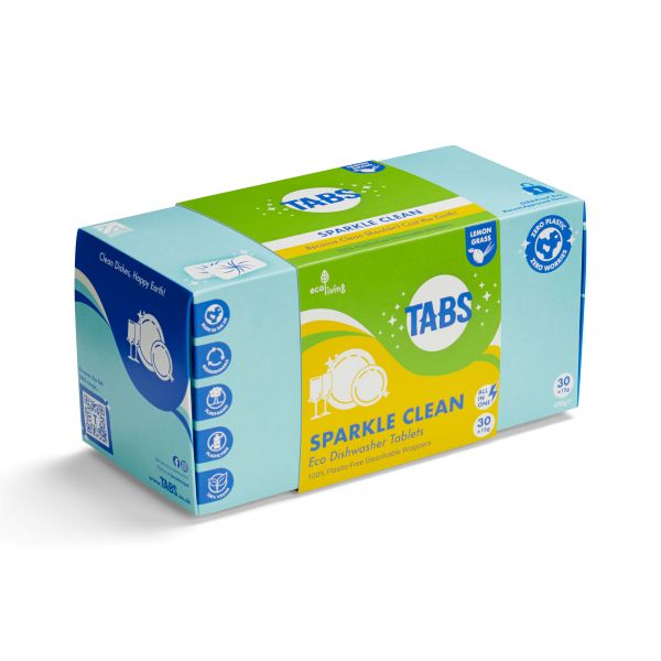 Box of Tabs Sparkle Clean dishwasher tablets in lemongrass fragrance on a white background