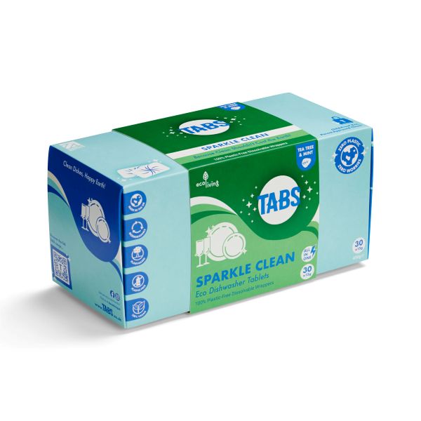 Box of Tabs Sparkle Clean dishwasher tablets in tea tree and mint on a white background