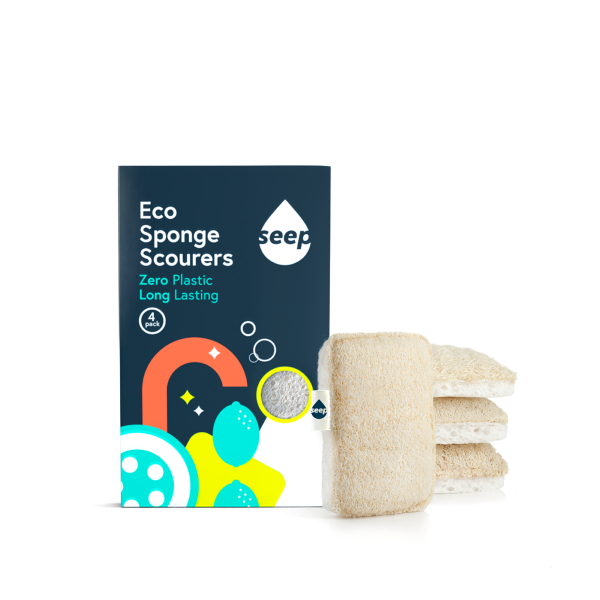 Eco Sponge Scourers pack of 4, with cardboard packaging, with 'Seep' brand, on a white background