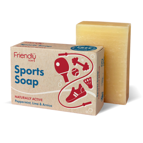Friendly Soap sports soap bar shown alongside cardboard packaging