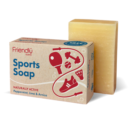Friendly Soap sports soap bar shown alongside cardboard packaging