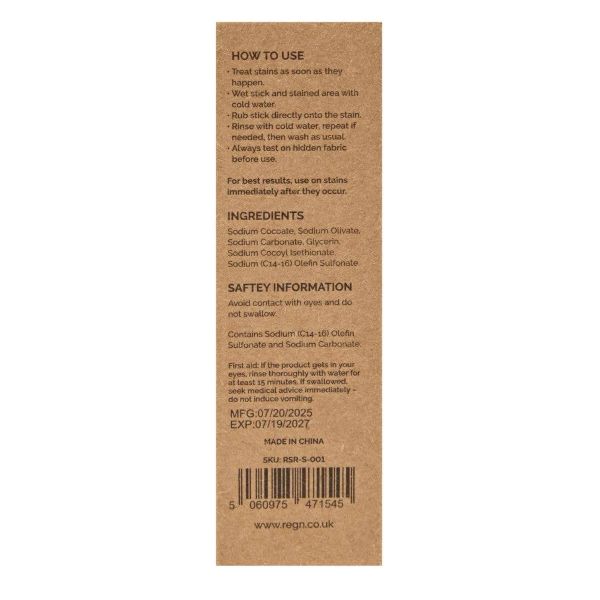 Stain remover stick showing back of on cardboard packaging with details of how to use and ingredients
