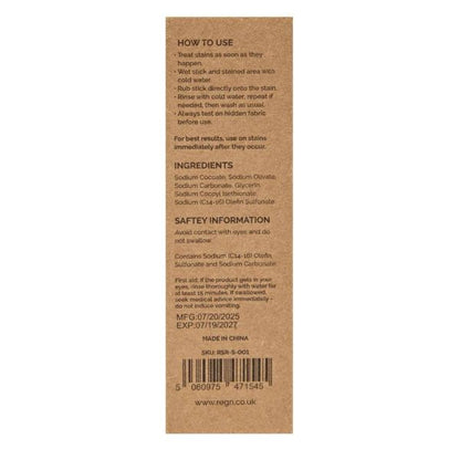 Stain remover stick showing back of on cardboard packaging with details of how to use and ingredients