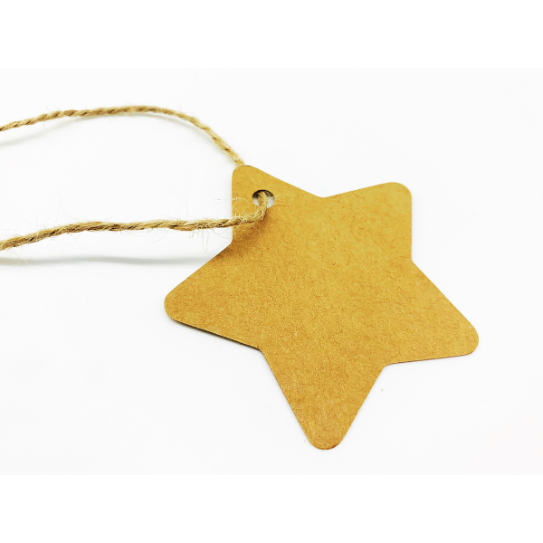 Kraft paper star gift tag with brown twine shown close up