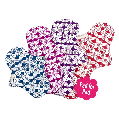 Eco Femme natural organic period pad starter kit set, showing all 4 pads of different sizes with patterned backing