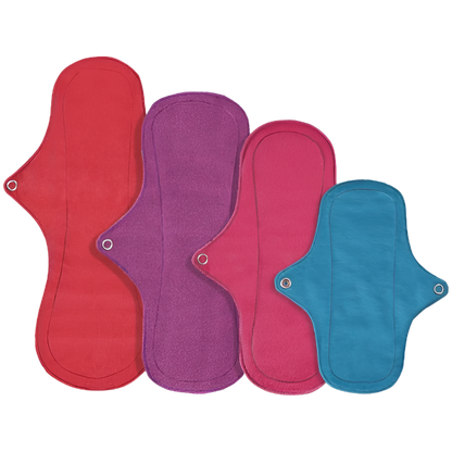 Eco Femme reusable period pad set showing 4 pads with skin-side up in vibrant  colours (red, purple, pink, blue)