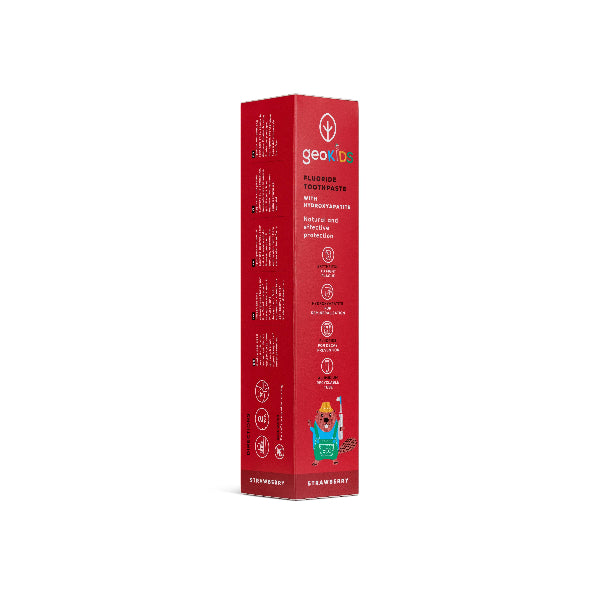Kids hydroxyapatite toothpaste with fluoride in red cardboard packaging