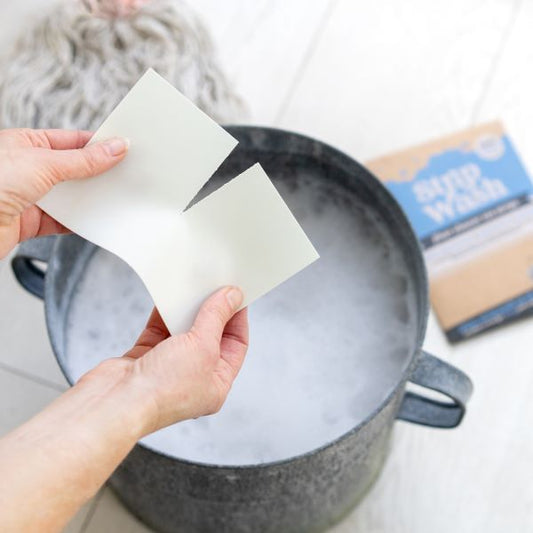Strip Wash floor cleaner being torn into two next to a bucket of soapy water