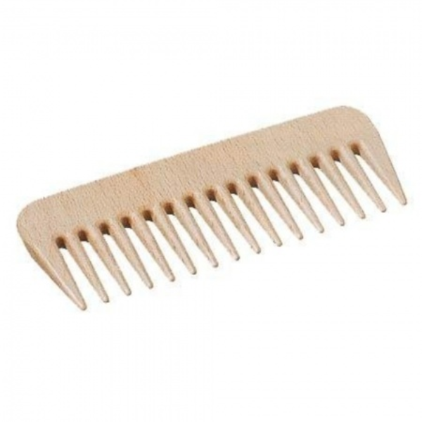 Wooden styling comb with wide teeth shown on a white background