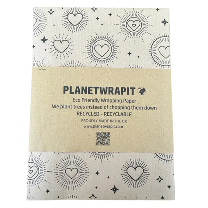 Planetwrapit eco-friendly wrapping paper with heart and sun patterns on brown kraft paper with paper label
